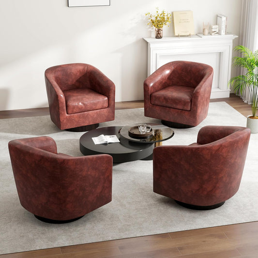 Swivel Barrel Accent Chair, Modern Round Faux Leather Arm Chair for Living Room, Bedroom, Comfy