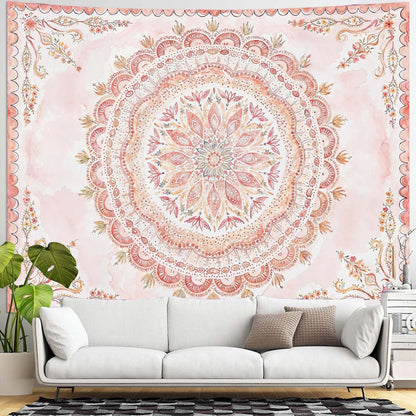 Fowocu Boho Floral Mandala Tapestry Wall Hanging Pink Bohemian Flower Medallion Tapestry Aesthetic Watercolor Hippie Indian Extra Large Tapestries for Bedroom Living Room Dorm Decor 90 x 68 Inch