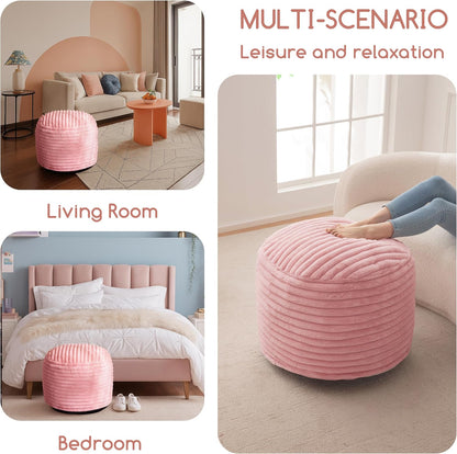 HIGOGOGO Round Stuffed Pouf Ottoman, Stripe Faux Fur Poufs with Foam Chunk Filling, Furry and Fluffy Pouf Foot Stool Storage Ottoman, 20 X 15 Floor Poufs Foot Rest for Living Room, Pink