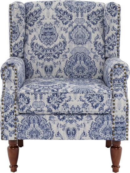 UIXE High Back Floral Accent Chairs Set of 2, Upholstered Armchair in Fabric, Retro Printed Wingback Arm Chair for Living Room, Nailhead Trim Single Sofa Bedroom Reading Seat - Navy Blue