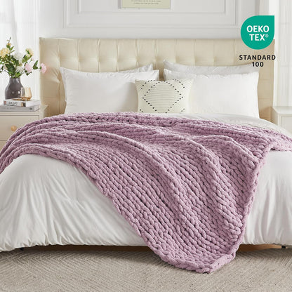 Carriediosa Chunky Knit Throw Blanket 60" X 80" Twin, 100% Hand Made Large Chenille Loop Yarn Soft Fluffy Throws for Couch Sofa Bed, Big Crochet Cozy Heavy Thick Cable Woven Blankets, Purple