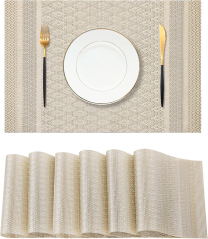 Leetaltree Stardust Yellow Placemats Set of 6 - Heat Resistant Non-Slip Place mats for Dining Table, Washable Durable PVC Vinyl Woven Table Mats（Stardust Yellow, 6）