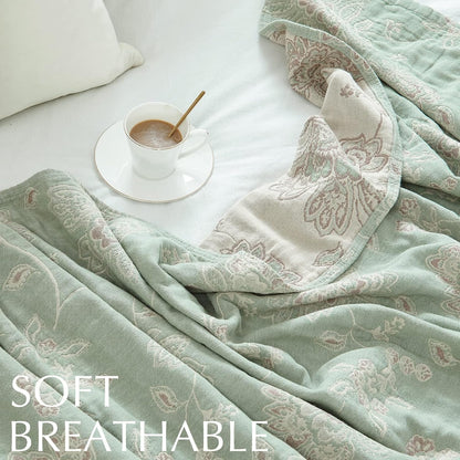 jinchan Boho 100% Cotton Muslin Twin Size 60x80 Inches Blanket Lightweight 4-Layer Quilted Soft Green and Beige Floral Throw Blanket Reversible Comfy Flower Breathable All Seasons Couch Bedroom Decor