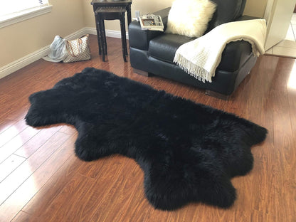 LAMBZY Faux Sheepskin Hypoallergenic Free Shape Silky Shag Rug, Luxury Shaggy Silky Plush Carpet for Bedrooms Rugs Living Room Kids Rooms Sofa Floor Rugs (Triple Side by Side 3'x6', Black)