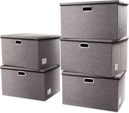 PRANDOM Extra Large Collapsible Storage Bins with Lids [5-Pack] Linen Fabric Foldable Storage Baskets Boxes Organizer Containers Cube with Cover for Bedroom Closet Office Nursery (22.8x15.75x13.8)