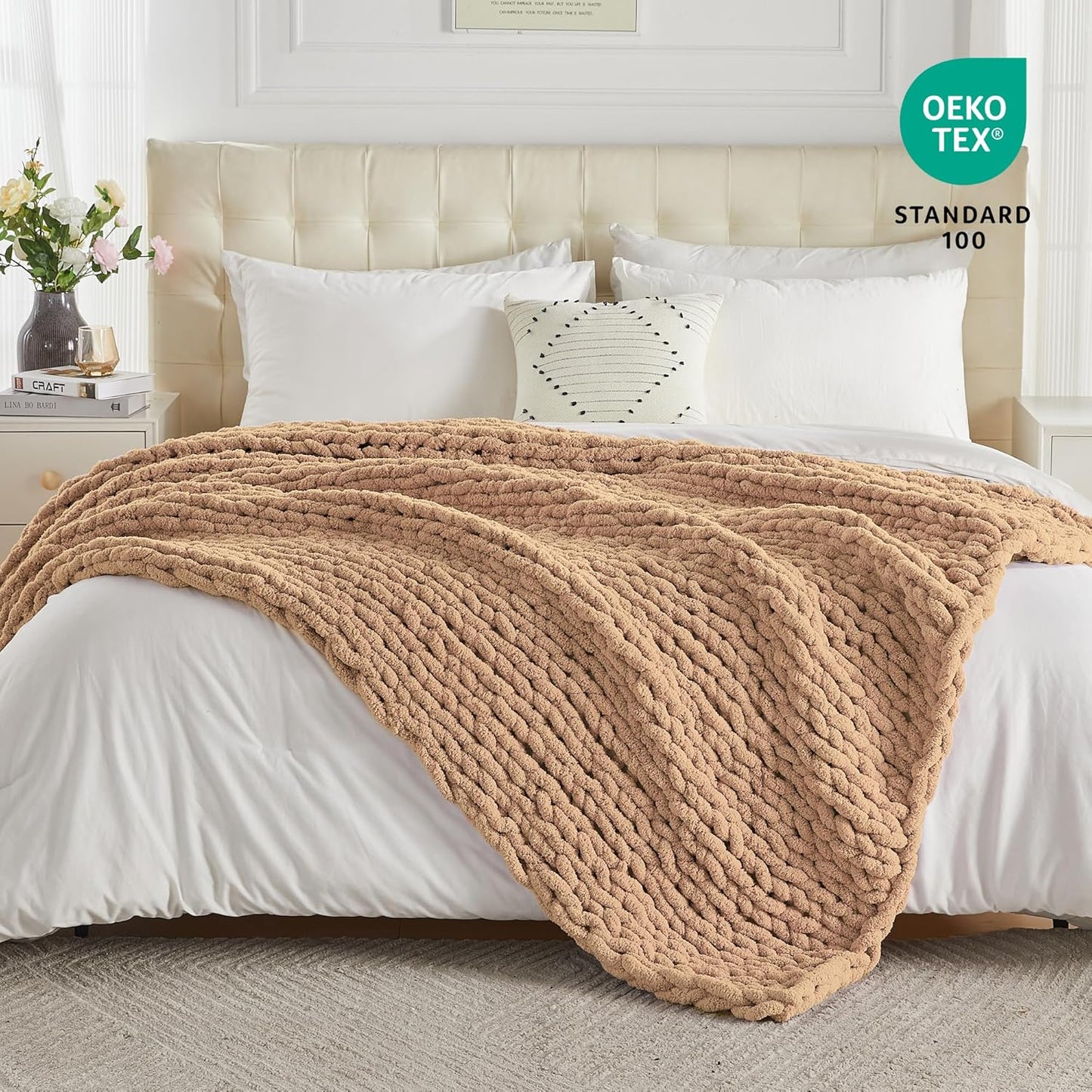Carriediosa Chunky Knit Throw Blanket 50" X 60", 100% Hand Made Large Chenille Loop Yarn Soft Fluffy Throws for Couch Sofa Bed, Big Crochet Cozy Heavy Thick Cable Woven Blankets, Tan Brown