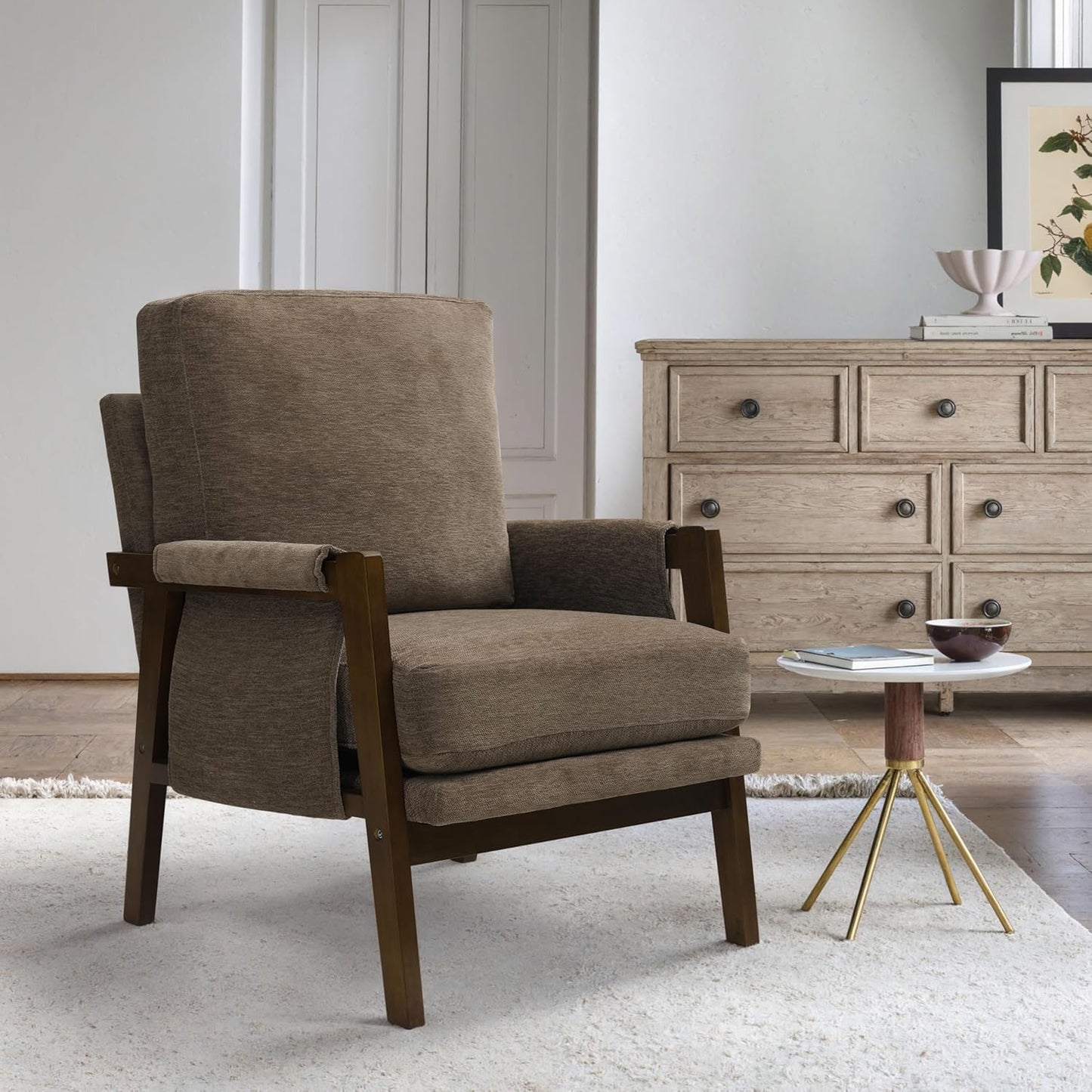 Modern Accent Chair for Living Room Mid Century Arm Chair Upholstered Bedroom Chair Comfy Lounge Chair with Solid Wood Frame, Dark Brown