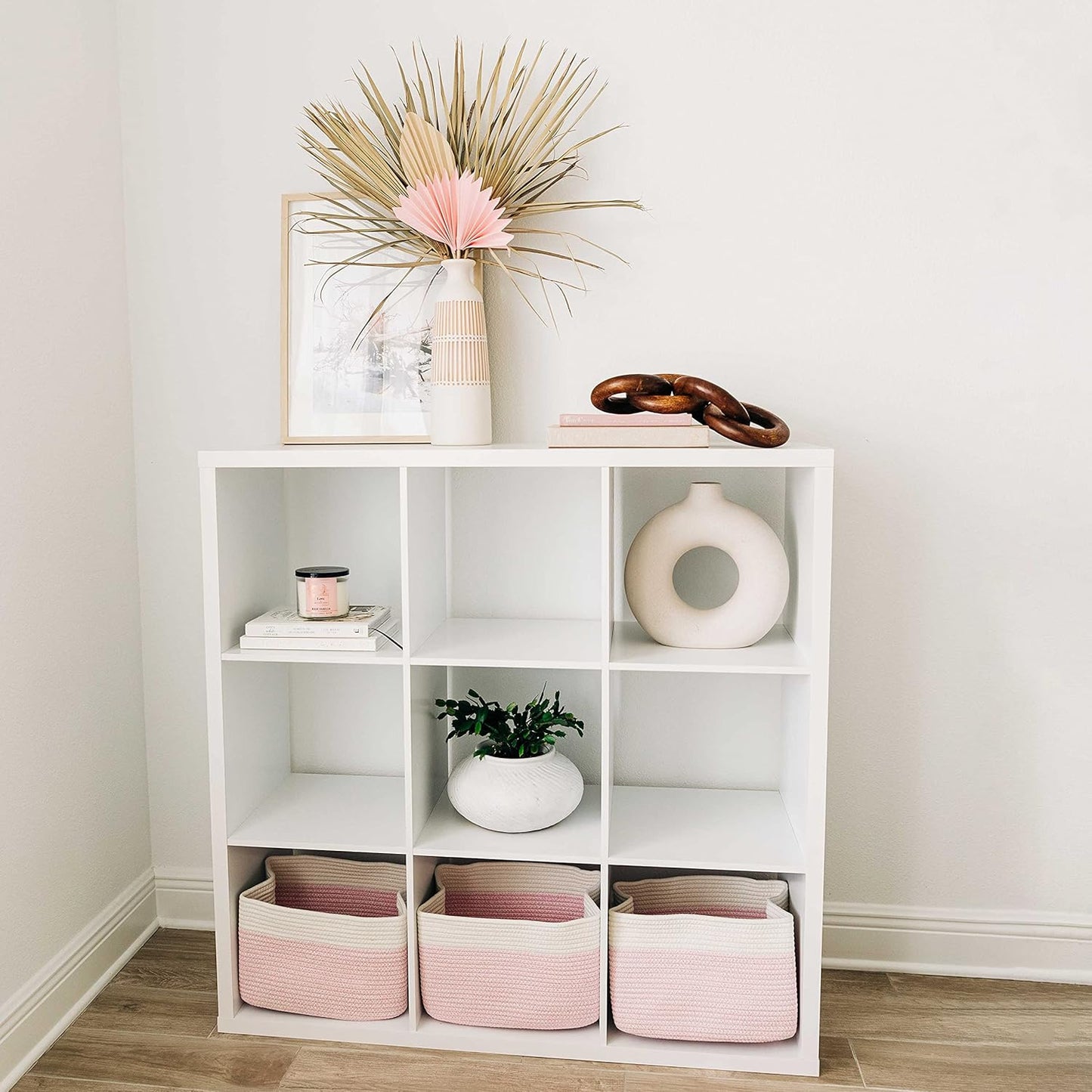 OrganiHaus Woven Storage Baskets for Organizing, Cotton Rope Organizer Bins for Shelves, Closet & Nursery, Dog Toy Basket, Decorative Bins for Toys, Towels & Books - 15x10x9, Pink/Off-White