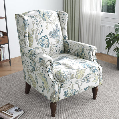 Lumibee High Back Accent Chair Set of 2, Armchair in Fabric,Comfy Upholstered Wingback Single Sofa Reading Chairs with Solid Wood Legs for Living Room,Bedroom,Office-Plants Blue