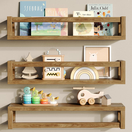 Upgraded Thick Floating Shelves - Multi-Use Wall-Mounted Bookshelves for Kids and Nursery, Ideal for Books, Toys, Spice Rack, Decor - Walnut Brown