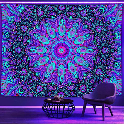 PSYHILAR Blacklight Mandala Tapestry for Bedroom, Psychedelic Black Light Posters for Adults and Teens, Neon UV Reactive Aesthetic Bohemian Art Wall Hanging Decor (60 x 50 Inches)