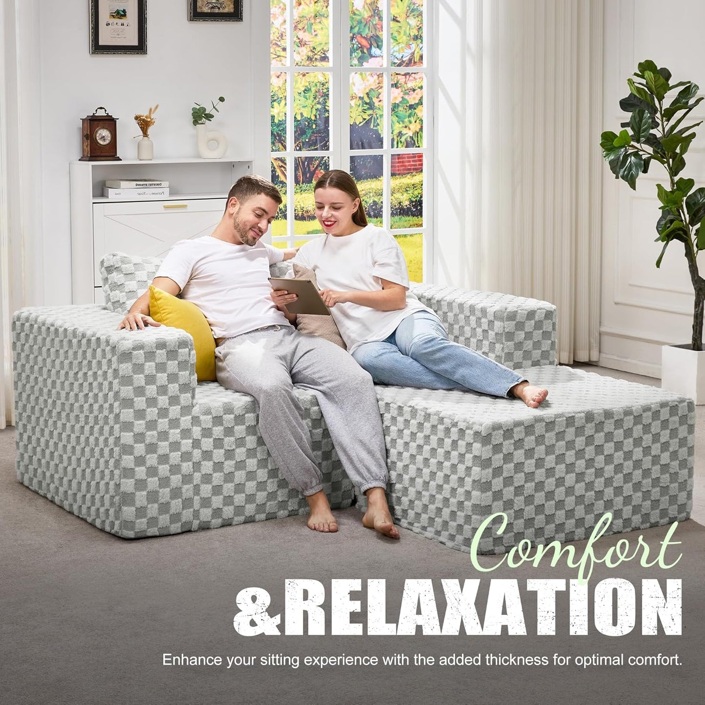 Hobestluk Modular Sectional Sofa Memory Foam Couch L Shape Sofa for Living Room Loveseat with Chaise Lounge Cloud Couch with Removable Cove (Plush GREYOLIVE, Loveseat with Chaise)