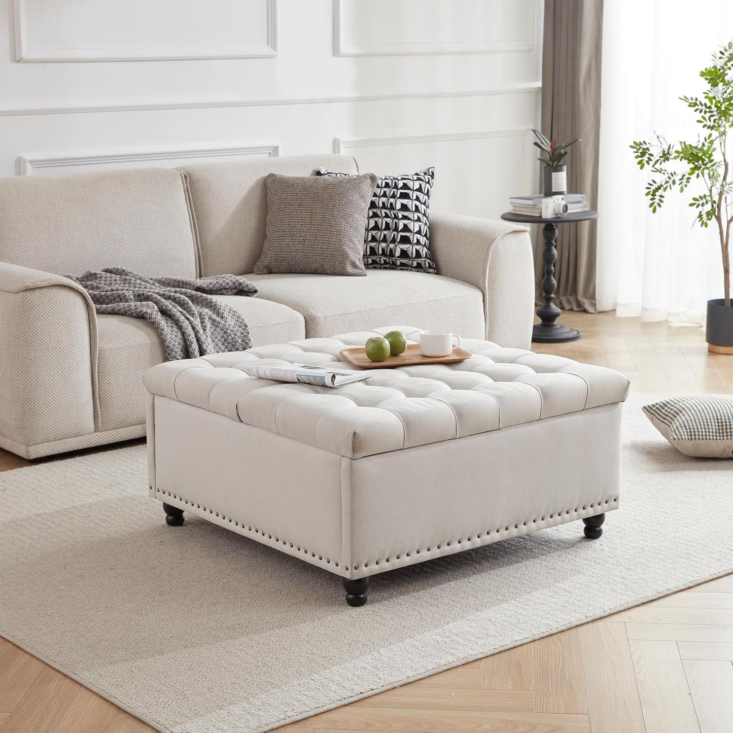 Tbfit Large Square Storage Ottoman Bench, Tufted Upholstered Coffee Table with Lift Top & Solid Wood Legs, Oversized Storage Ottomans Toy Box for Living Room (Beige)