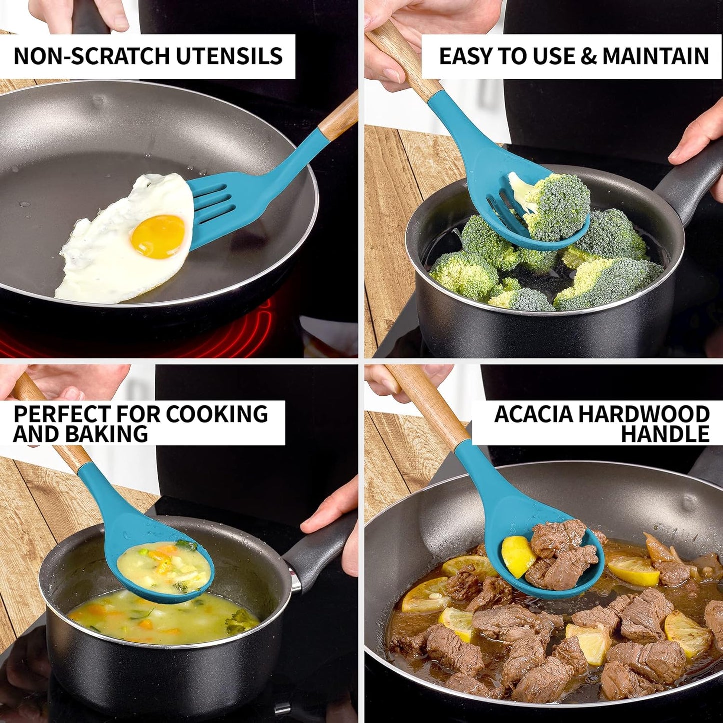 Zulay Kitchen Non-Stick Cooking Utensils Set with Authentic Acacia Wood Handles – 5-Piece Durable & Stylish Silicone Kitchen Utensils Set – Heat Resistant to 464°F – Blue