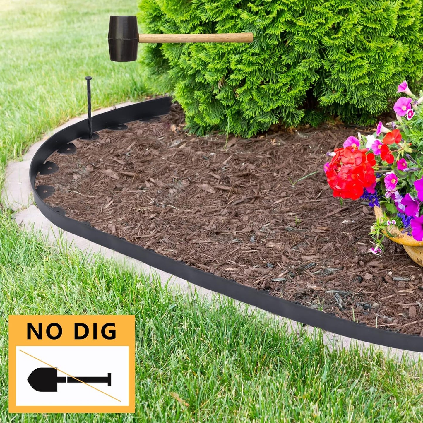 No Dig Landscape Edging Kit 60FT 2IN Tall with Scissors, Heavy Duty PP Material Garden Edging with 54 Anchoring Spikes, Edging for Landscaping, Garden, Black