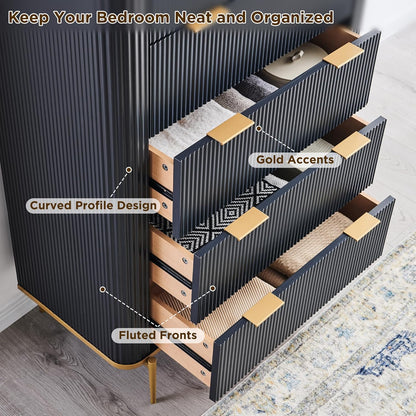 T4TREAM Fluted 5 Drawers Dresser for Bedroom, 48" Tall Modern Dresser Chest of Drawers, Gold Accents, Fluted Fronts, Wood Storage Dressers Organizer for Bedroom, Living Room, Dark Grey