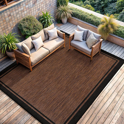 CAMILSON Indoor Outdoor Rug, 6x9 Bordered Nut Brown Black Modern Area Rugs for Indoor and Outdoor Patios, Kitchen and Hallway Mats, Washable Porch Deck Outside Carpet (Bordered Nut Brown Black, 6 x 9)