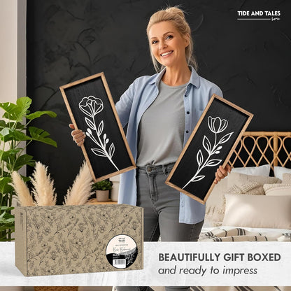 3D Vintage Black Living Room Decor (Set of 2) Lightweight, Wooden Ready-to-Hang Framed Moody Floral Wall Art for Bathroom, Bedroom or Office - Dark Textured Boho Farmhouse Wall Decor - Gift-Boxed