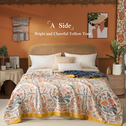 Boho Throw Blanket Twin Size, Soft Cozy Cotton Muslin Quilt Blanket for Bed Decor, Floral Patterned Couch Sofa Chair Cover, Vintage Farmhouse Cottage Tapestry Woven Blanket, Yellow&Blue