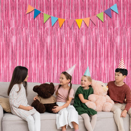 4 Pack Birthday Decorations, 3.28 FT x 7.05 FT Pink Backdrop, Metallic Happy Birthday Backdrop Fringe Curtains Party Streamer, Bachelorette Party Decorations Princes Birthday Party Decor