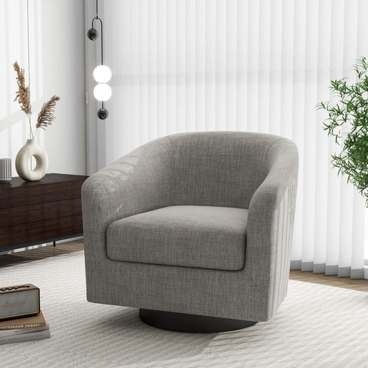 Swivel Barrel Accent Chair, Modern Round Linen Arm Chair for Living Room, Bedroom, Comfy Club