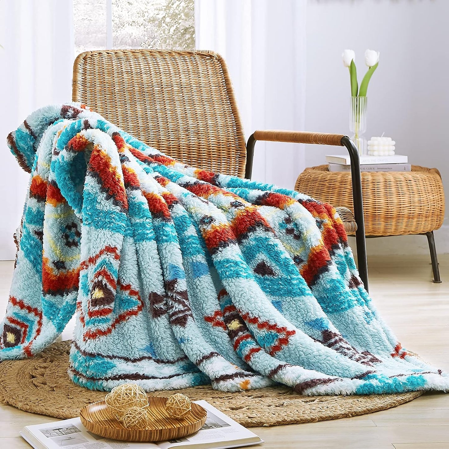 CASAAGUSTO Boho Sherpa Blanket,Teal Aztec Twin Blanket, Ultra Soft, Warm, Cozy, Plush, Thick Fleece Western Blanket for Couch, Bed, Sofa (Aqua 60 * 80 Inch)