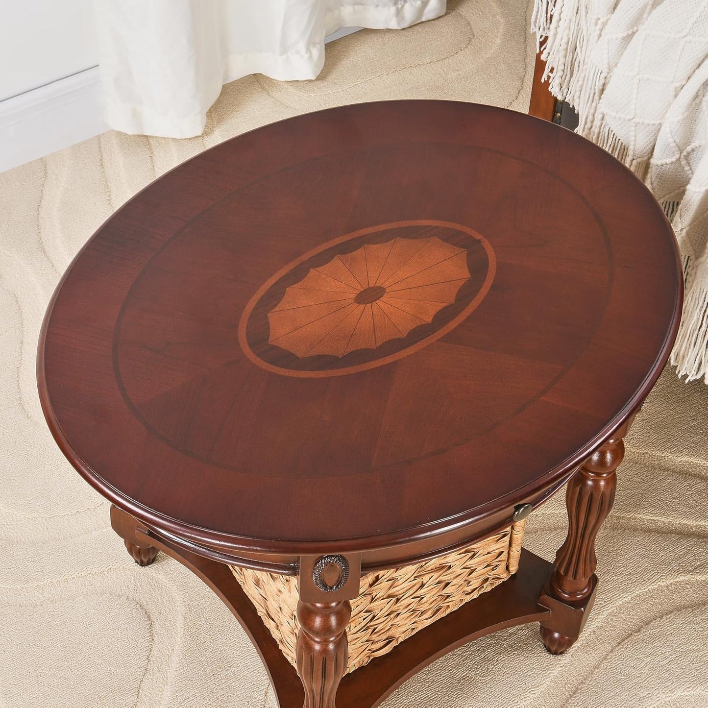 MODERION Solid Wood End Table with Drawer, Oval Sofa Side Table, Storage Shelf, Living Room Corner Table, Nightstand, 24”H Cherry Walnut CJZ1533WD-DR