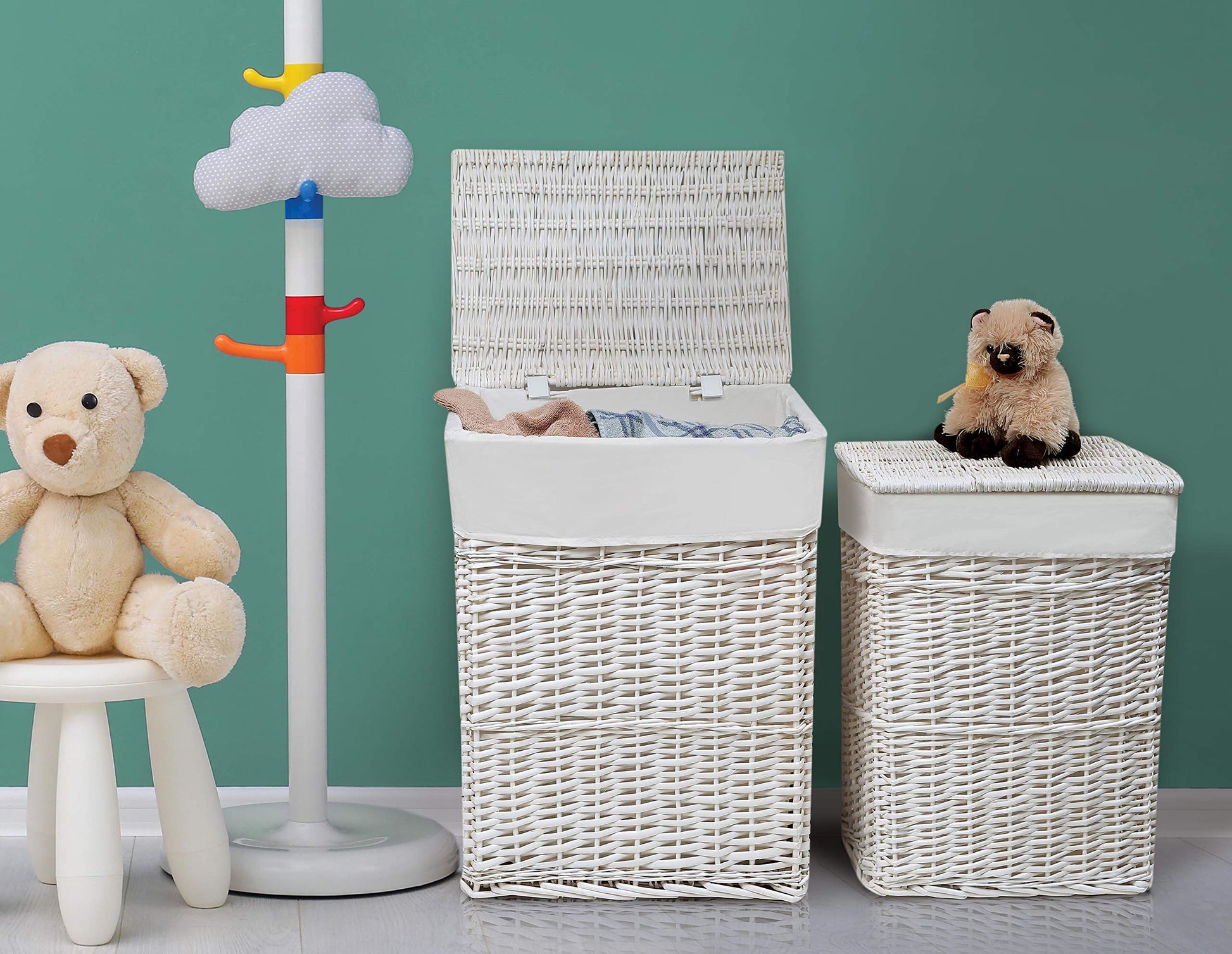 Badger Basket Wicker Nursery Laundry Hampers Set of 2 with Lids and Washable Liners – Large Durable