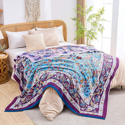 Fall Blanket for Bed, 100% Cotton Soft Rustic Boho Throw Blanket Quilt, 80"x90" Farmhouse Decor Bed Flower Blankets, Light Weight Reversible Bohemian Throw Quilt