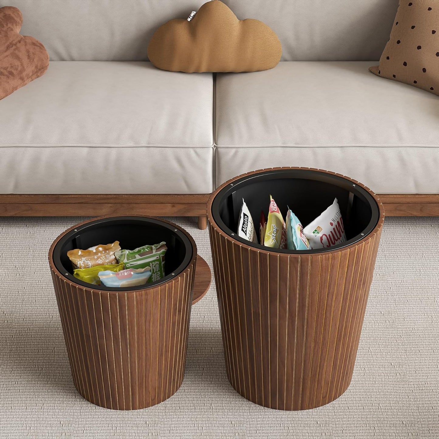 Nesting Coffee Table Set of 2, Round End Table with Storage, Farmhouse Side Table with Removable Wood Tops and Wood Basket Bases for Blanket Storage, Modern Coffee Table for Living Room (Walnut)