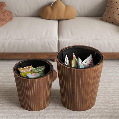 Nesting Coffee Table Set of 2, Round End Table with Storage, Farmhouse Side Table with Removable Wood Tops and Wood Basket Bases for Blanket Storage, Modern Coffee Table for Living Room (Walnut)