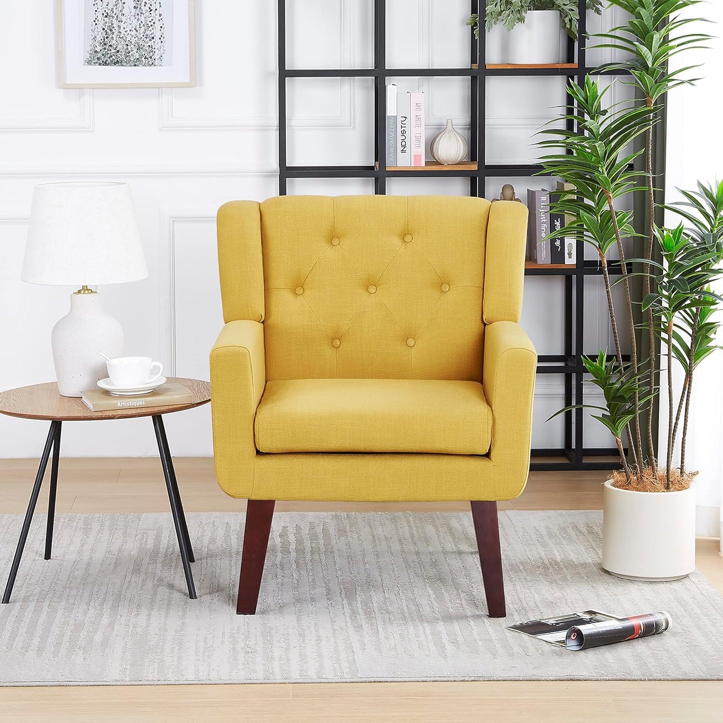 Accent Chair Button-Tufted Upholstered Living Room Chairs Comfy Reading Chair Mid Century Modern Chair with Linen Fabric Lounge Arm Chairs for Living Room Bedroom (Bright Yellow)