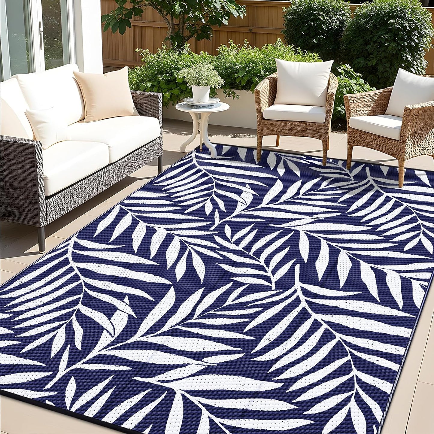 OLANLY Waterproof Outdoor Rug 8x10 ft, Reversible Outdoor Plastic Straw Rug with Leaf Pattern, RV Mat, Indoor Outdoor Carpet for Patio, Camping, Balcony, Deck, Backyard, Navy & White