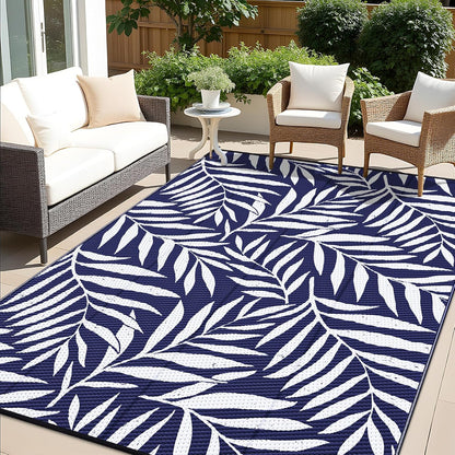 OLANLY Waterproof Outdoor Rug 9x12 ft, Reversible Outdoor Plastic Straw Rug with Leaf Pattern, RV Mat, Indoor Outdoor Carpet for Patio, Camping, Balcony, Deck, Backyard, Navy & White