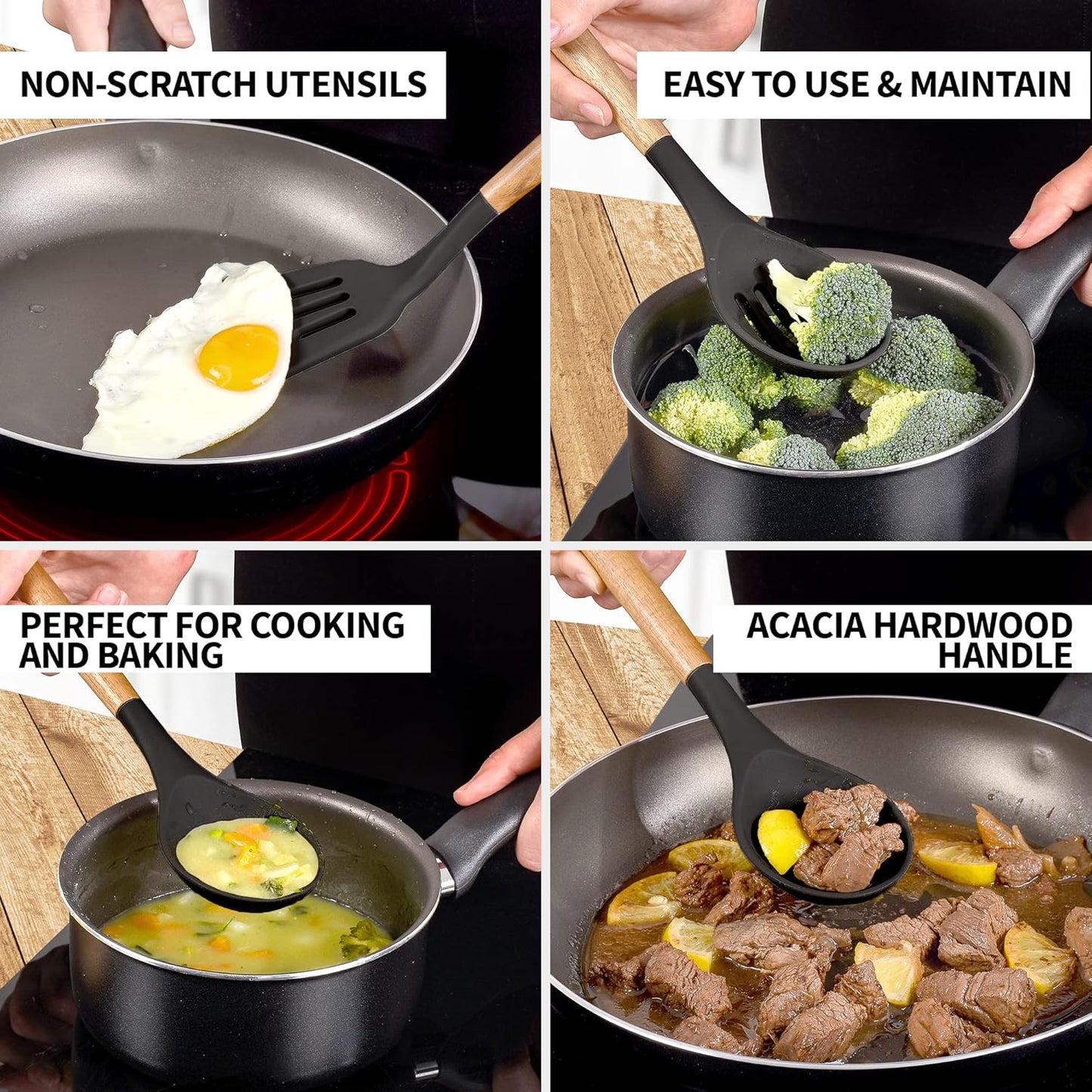 Zulay Kitchen Non-Stick Cooking Utensils Set with Authentic Acacia Wood Handles – 5-Piece Durable & Stylish Silicone Kitchen Utensils Set – Heat Resistant to 464°F – Black