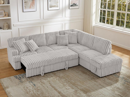 THSUPER 113-Inch Oversized L Shaped Plush Corduroy Fluffy Sectional Sleeper Sofa with Pull Out Bed and Storage Ottoman - Off-White