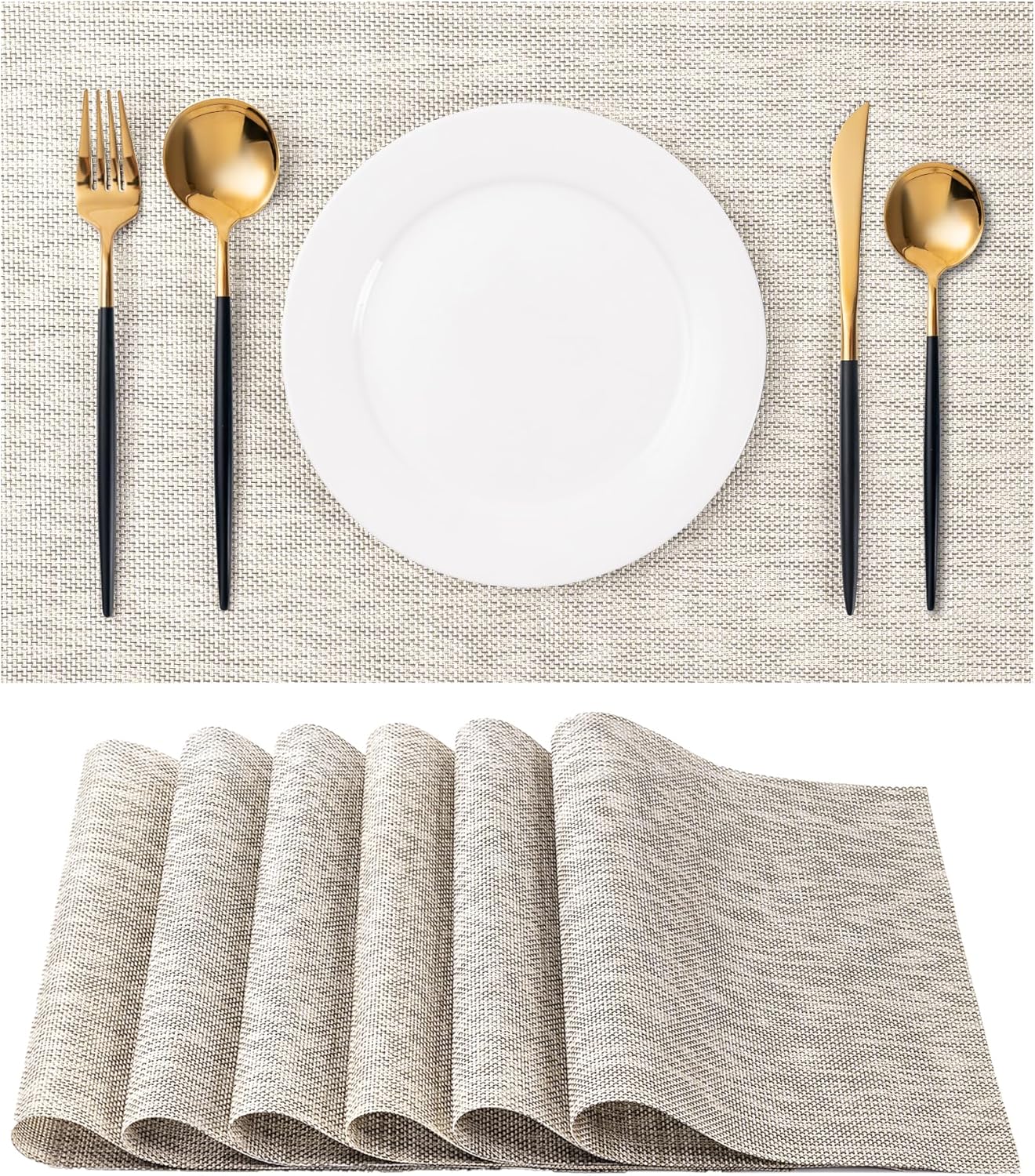 Placemats Set of 6 Washable Indoor/Outdoor Vinyl Place Mats for Dining Table Durable Non-Slip Heat Resistant PVC Weave Table Mats（Beige）