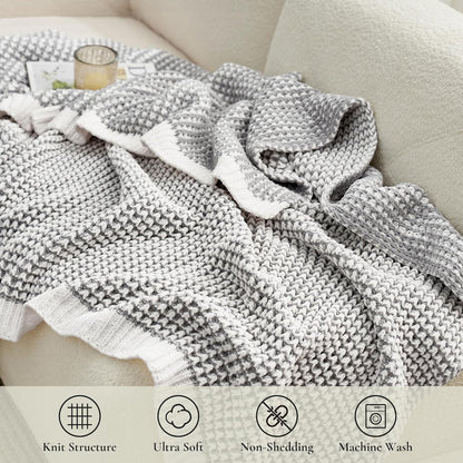 Amélie Home Chenille Waffle Throw Blanket for Couch, Reversible Pineapple Stitch Knit Soft Cozy Knit Blanket Lightweight Warm Decorative Throw for Sofa, Bed, Living Room, 50"x60", Grey&Ivory