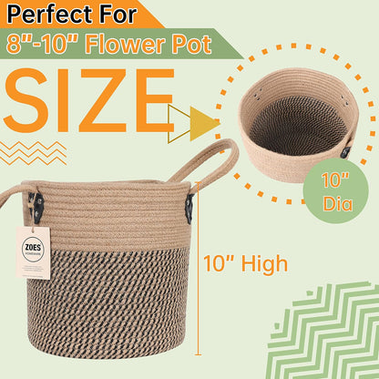 Jute Rope Basket - 10"x10" Woven Plant Pot Holder with Handles, Boho Indoor/Outdoor Planter Cover, Multifunctional Storage
