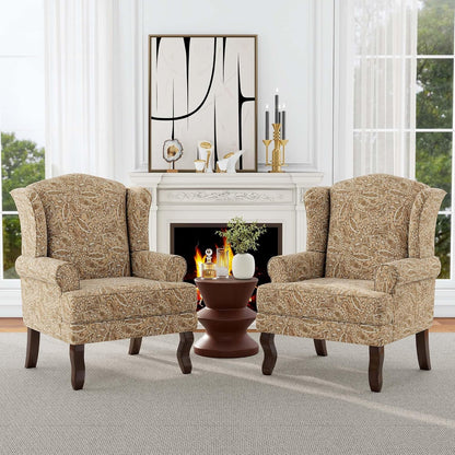 Accent Chair, High Back Upholstered Armchair with High Resilience Sponge & Wood Legs, Mid-Century Modern Comfy Single Sofa Reading Chairs for Living Room, Bedroom (Floral Light Brown, Set of 1)