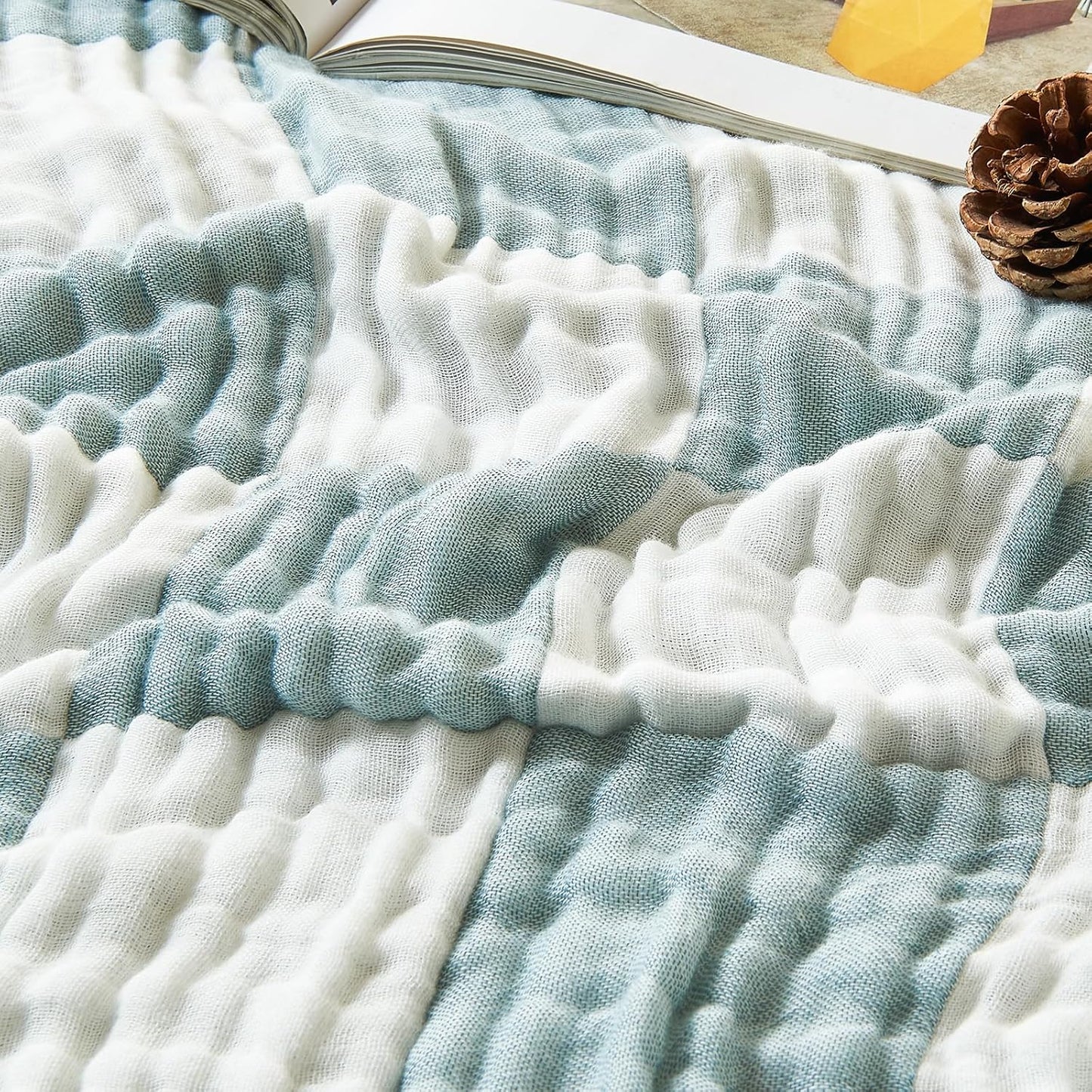 EMME Checkered Throw Blanket Cotton for Couch Soft Muslin Bamboo Blankets 50"x60" Lightweight Breathable Soft Blanket All Season Gauze, Teal