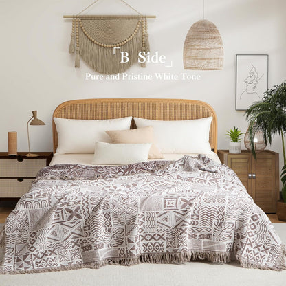 Boho Throw Blanket Full Size, Extra Large Soft Cozy Cotton Muslin Quilt Blanket for Bed Decor, Patchwork Block Couch Sofa Chair Cover, Vintage Farmhouse Cottage Woven Blanket, Brown&White