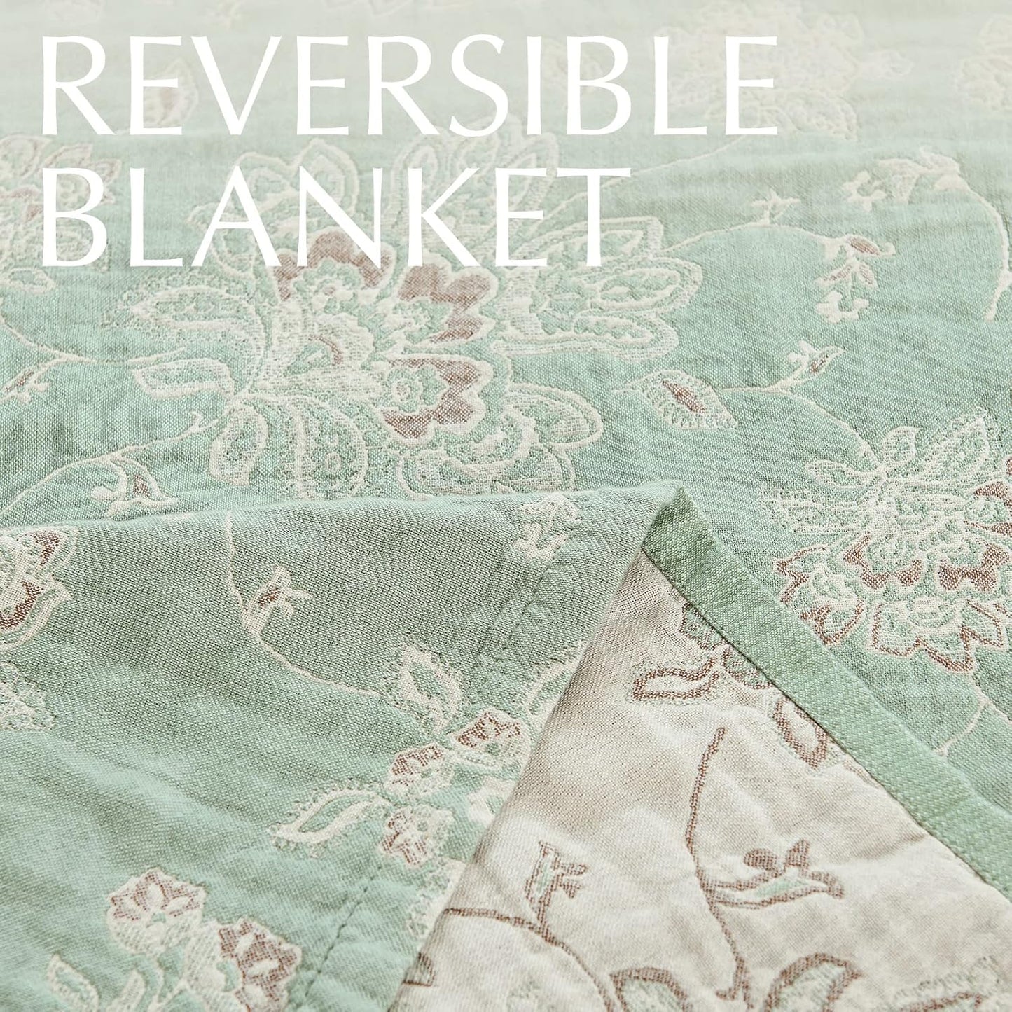 jinchan Boho 100% Cotton Muslin Twin Size 60x80 Inches Blanket Lightweight 4-Layer Quilted Soft Green and Beige Floral Throw Blanket Reversible Comfy Flower Breathable All Seasons Couch Bedroom Decor