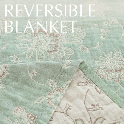 jinchan Boho 100% Cotton Muslin Twin Size 60x80 Inches Blanket Lightweight 4-Layer Quilted Soft Green and Beige Floral Throw Blanket Reversible Comfy Flower Breathable All Seasons Couch Bedroom Decor