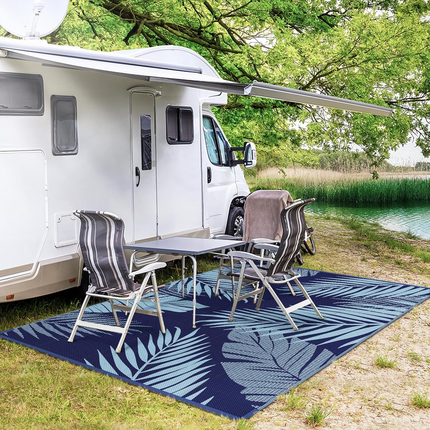 GENIMO Outdoor Rug 6' x 9' Waterproof for Patios Clearance, Reversible Outdoor Plastic Straw Camping Rug Carpet, Large Area Rugs Mats for RV, Camper, Deck, Balcony, Porch, Beach, Navy Blue&Baby Blue