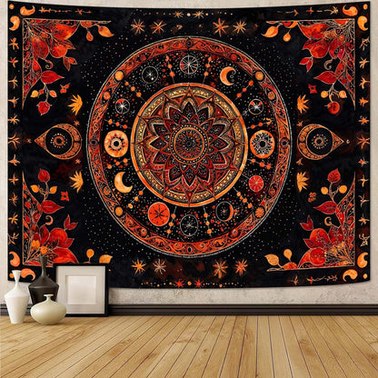 Lunerfex Mandala Moon and Stars Tapestry Boho Tapestry for Bedroom Black and Orange Tapestries Wall Hanging Living Room Wall Art and Home Decor 60x80