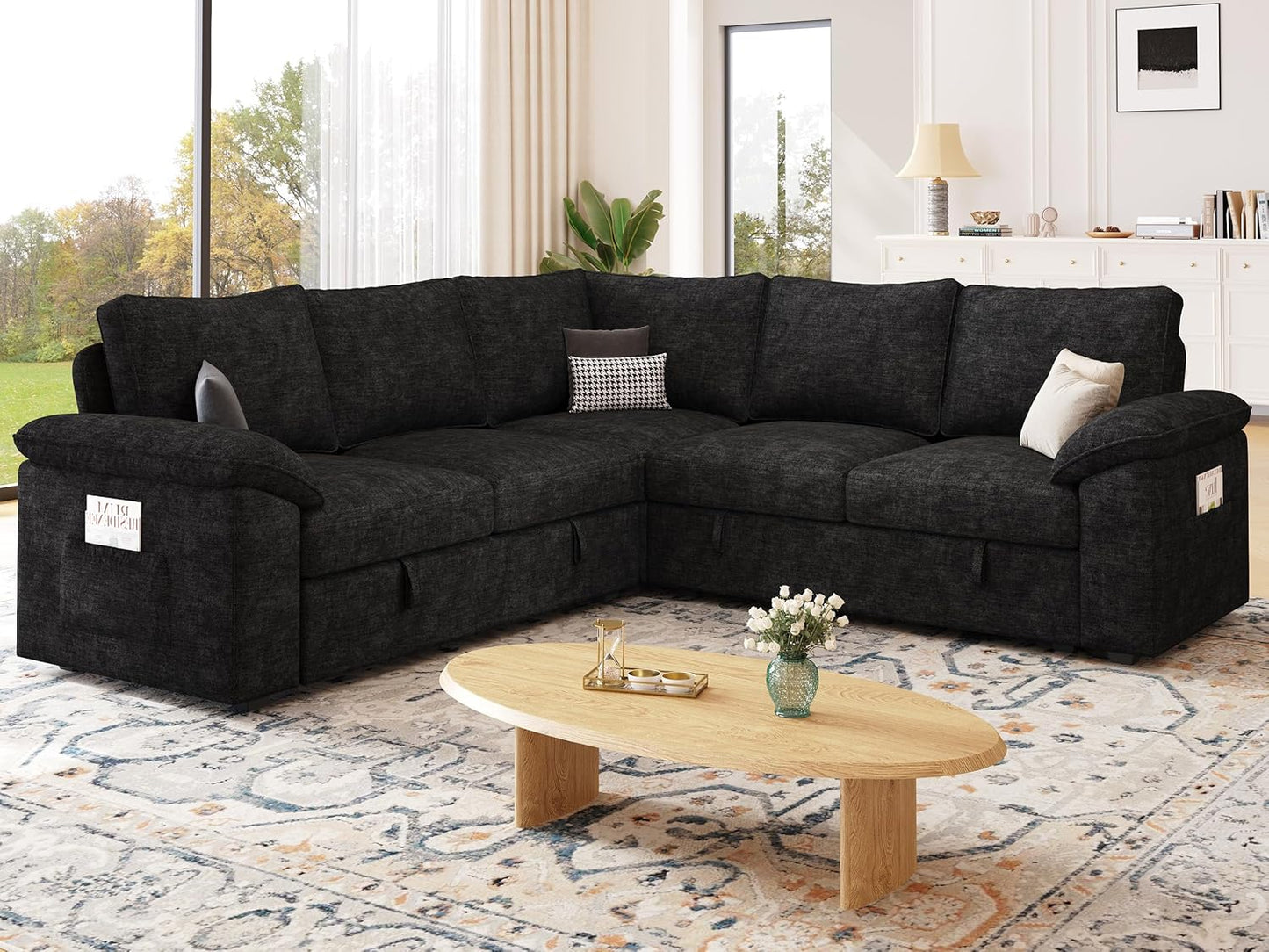 85 Inch Modular Sectional Sofa with Pull Out Bed,L Shaped 5 Seat Sectional Sleeper Sofa with Storage,Sectional Couches for Living Room,Cloud Modular Couch,Removable Sofa Cover,Black