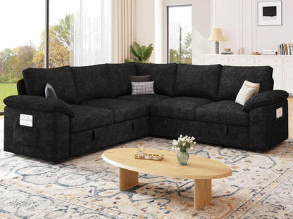85 Inch Modular Sectional Sofa with Pull Out Bed,L Shaped 5 Seat Sectional Sleeper Sofa with Storage,Sectional Couches for Living Room,Cloud Modular Couch,Removable Sofa Cover,Black