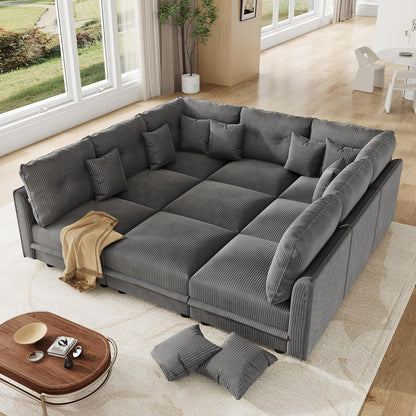 LLappuil Modular Sectional Sofa with Storage Seats, Corduroy Convertible Modular U Shaped Sectional Couch for Living Room, 9 Seat Oversized Sofa with 9 Back Cushion 9 Throw Pillow, Grey