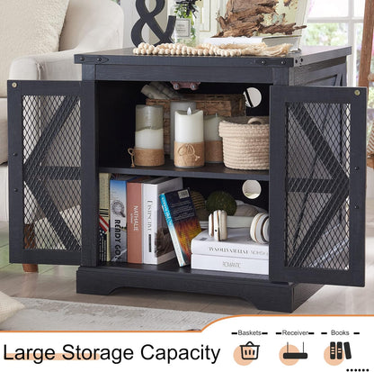 JXQTLINGMU Farmhouse End Table, 24" Large Sofa Side Table with Charging Station, Mesh Barn Door, and Adjustable Storage Shelf, Rustic Wood Square Nightstand for Living Room, Bedroom, Office, Black